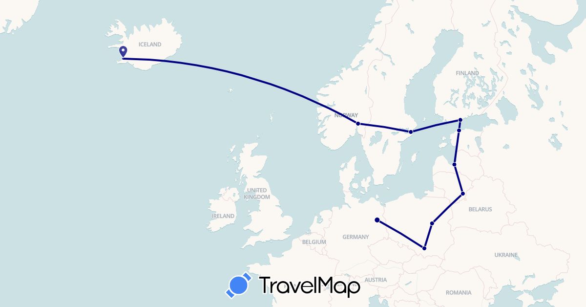 TravelMap itinerary: driving in Germany, Estonia, Finland, Iceland, Lithuania, Latvia, Norway, Poland, Sweden (Europe)